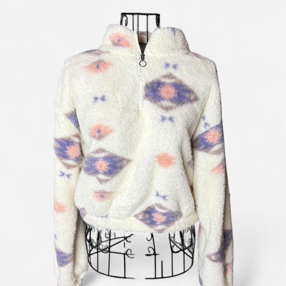SO Southwestern Aztec Sherpa Quarter-Zip Cropped Pullover Fleece - Size M